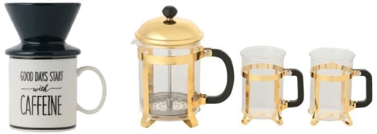 (Left) Coffee dripper & mug / 1,800 yen (Right) French press starter set / 5,500 yen