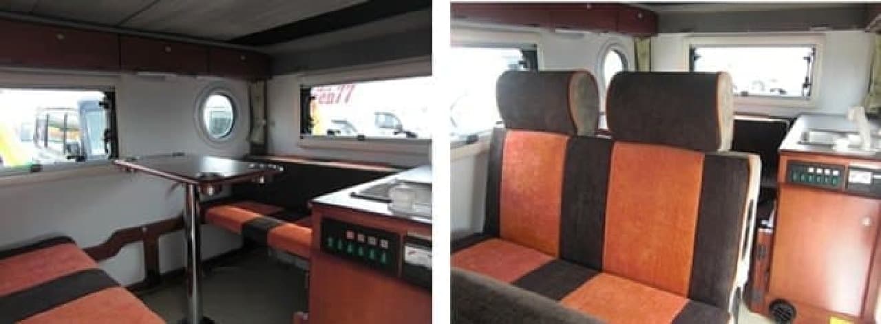 Interior of a light camper that can be rented with a sink