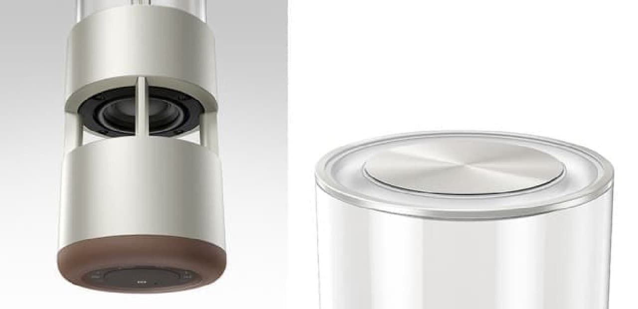 A small woofer arranged casually (left) and a passive radiator with a semi-transparent edge (right)