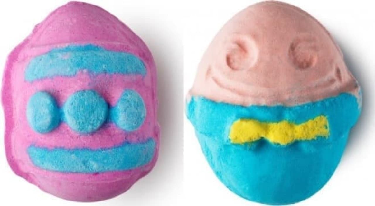 The bath bomb "Witch Came First Chick" (left) and "Humpty Dumpty Bomb" (right) with hidden surprises are both 1,300 yen.