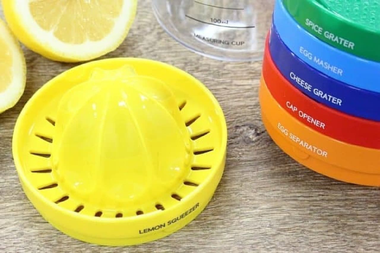"Bin Eight" with kitchen tools such as lemon squeezing and grater