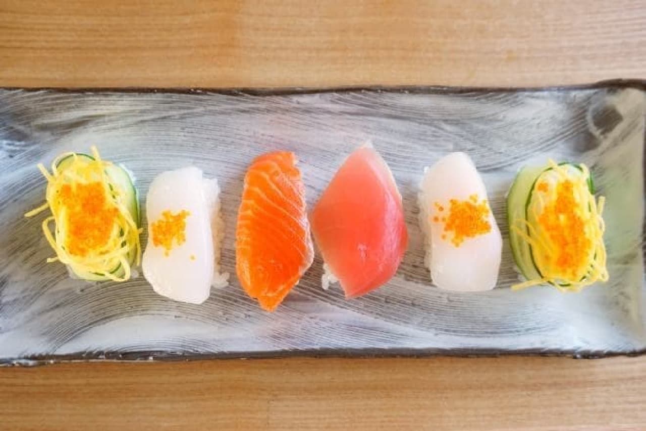 Nigiri sushi in an ice tray