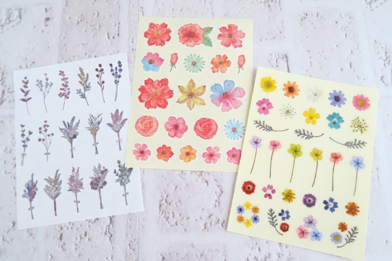 Cute flower-printed stationery from Celia: "Message Card Bouquet," "Film Sticker: Pressed Flowers," and "Flower Colors: Sticky Notes.