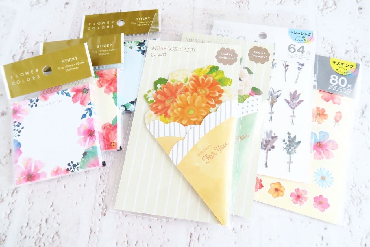 Cute flower-printed stationery from Celia: "Message Card Bouquet," "Film Sticker Pressed Flowers," and "Flower Colors Sticky Notes.