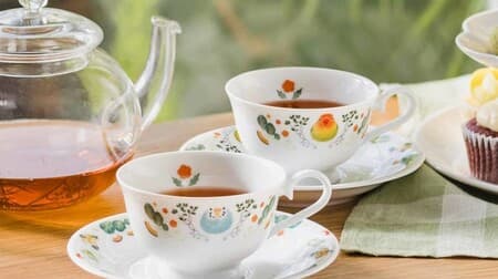YOU + MORE! "Relaxing Tea Party Parakeet Cup & Saucer" Colorful Budgerigars