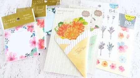 Cute flower-printed stationery from Celia: "Message Card Bouquet," "Film Die-cut Sticker Pressed Flowers," and "Flower Colors Sticky Notes.