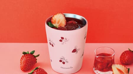 Strawberry Whole Book feat. Afternoon Tea LIVING" with strawberry pattern tumbler for hot and iced drinks