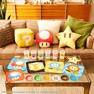 Ichiban Kuji Lottery "The Super Mario Brothers Movie" Prize A is a "HATENABLOCK Cushion" tumbler, towel, small plate and other lifestyle goods.