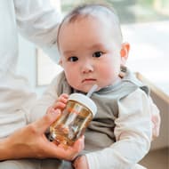 Mother's Milk Feeling Parts Straw," a special part that enables drinking from a straw with a baby bottle, and "Mother's Milk Feeling Parts Lid," a special part that can be used as a container for food or small items, from Pigeon