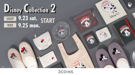 Limited edition 3COINS "Disney 100" design items! Heat-resistant glass mugs, socks, pouches, mirrors, totes, embroidered slippers, storage boxes, art panels, etc.
