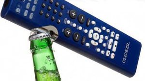 A remote control with a bottle opener that is perfect for "beer while watching TV"