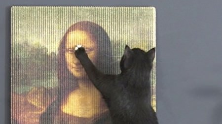 A cat picks up a claw with a masterpiece-a claw-together board "Copycat Art Scratcher" with "Mona Lisa" drawn on it
