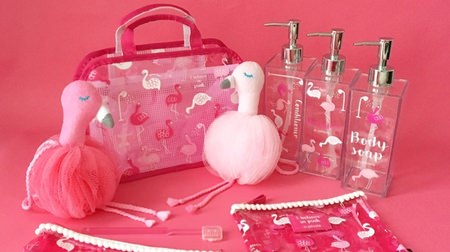 A collection of pink-collar items in PLAZA--bottles and pouches designed with flamingos and rainbows, etc.