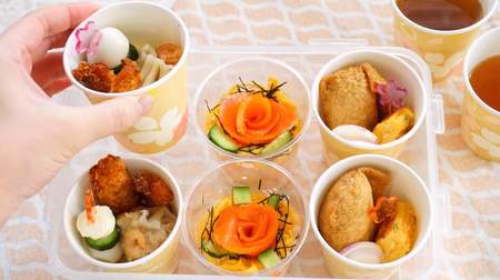 The cherry-blossom viewing lunch is easy to eat and easy to clean up if you use a "paper cup" ♪ Paper cup lunch, cup sushi ideas