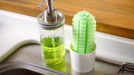 キッチンに癒しと便利を飾るダイソーの「サボテンみたいなキッチンスポンジ」。細長いグラスも洗いやすい！